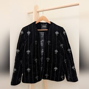 Zara Embroidered Beaded Textured Velvet Open Front Jacket In Black